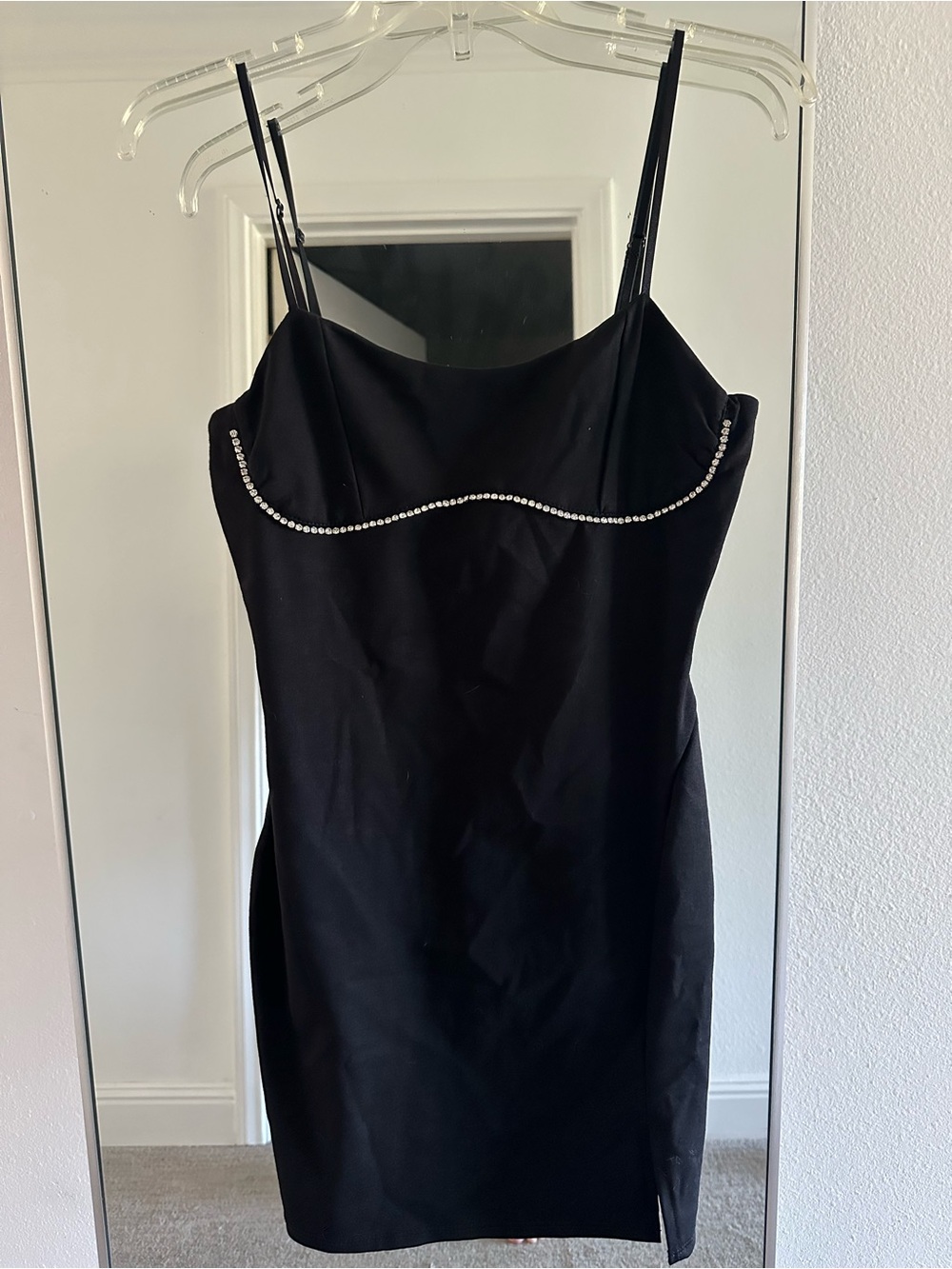 Black Rhinestone-Trim Mini Slip Dress with Adjustable Straps